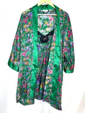 VTG Victoria’s Secret Gold Label Satin Robe & Gown, Small/One Size Floral Lace